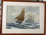 Langoustier camarétois croisant un trois-mats carré au large d'Ouessan by Yves Delfo, Gouache et aquarelle sur papier, sold Feb 2024