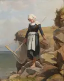 Jeune bretonne pêchant à la crevette by Jean-Baptiste Jules Trayer, Toile, sold Dec 2023
