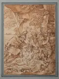 Proteus et Ménélas by Jean-Baptiste Corneille, Plume, encre brune, traits de sanguine, lavis brun, sold Oct 2023