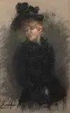 Femme au chapeau noir en trois-quarts by Esther Huillard, vers 1900, Pastel, sold Oct 2023