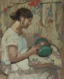 Jeune femme à l'ouvrage by Lucien-Victor Guirand de Scévola, Huile sur traits de crayon, sold Jun 2023