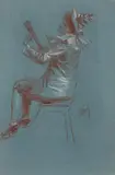 Pierrot joueur de mandoline by Jules Chéret, Sanguine et craie blanche, sold Jun 2023