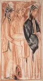 Étude pour la planche 36 : le théâtre chinois (triptyque) III actrices chinoises de Dessins et Peintures d'Extrême-Orient, A. Iacovleff, Éditions Lucien Vogel, by Alexandre Evgenevich Iacovleff, 1920, Sanguine et fusain sur papier contrecollé sur carton, sold Jun 2023