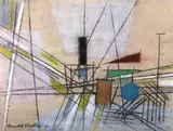 Composition abstraite by Arnold Fiedler, 1953, Pastel et crayons gras sur feuille de papier contrecollée sur carton, sold Jun 2023