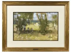 Le ramassage du foin by Pierre Eugène Montézin, Gouache sur papier sur panneau, sold Dec 2025