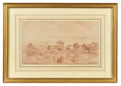 Bord de rivière Dessin à la sanguine 25 x 42 cm Avec cadre : 43 x 61 cm Provenance : Vente tajan, 22 novembre 1987, n°311 (expert De Bayser) Exposition : Mitsuk by Charles-François Daubigny, Sanguine, sold Nov 2025