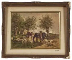Bétail s’abreuvant by Constant Troyon, Aquarelle sur carton, sold Nov 2025