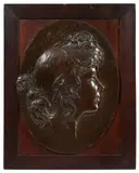 Profil d'Antonia Pearce Bas-relief en bronze fixé sur bois Dédicacé "à mon ami Pearce by Paul Wayland Bartlett, Bronze bas-relief fixed on wood, dedicated to "à mon ami Pearce", sold Nov 2025