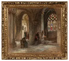 Pèlerinage, bas-côtés de la cathédrale, 1916-1917, église Saint-Bonnet, Bourges by Léon Augustin Lhermitte, Pastel sur papier beige, sold Nov 2025