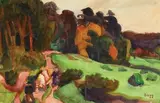 Paysans bretons dans une prairie by Jules-Émile Zingg, Aquarelle sur papier signée en bas à droite H_31,5 cm L_49 cm, sold Apr 2019
