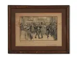 The fight between Sir William Bull and the barber outside Warings, January 1910 by Amédée Forestier, Crayon et rehauts de gouache sur papier, sold Nov 2022