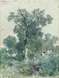 Paysage à la ferme by Adolphe Hervier, 1868, Aquarelle (piqures) signée et datée en haut à gauche, annotée en bas à gauche "Sa, sold Dec 2019