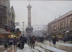 Vue de la Bastille et de l'ancienne gare de Lyon un jour de neige by Eugène Galien-Laloue, Gouache signée en bas à gauche, sold Dec 2019