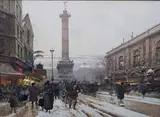 Vue de la Bastille et de l'ancienne gare de Lyon un jour de neige by Eugène Galien-Laloue, Gouache signée en bas à gauche, sold Dec 2019
