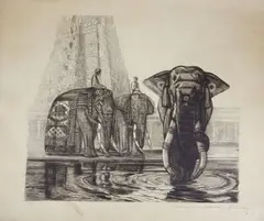 Les éléphants de Madura by Paul Jouve, Lithographie en noir justifiée, sold May 2019