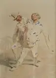 Les deux pierrots by Paul Gavarni, Gouache annotée en bas au centre: «Non Faisandet! Non! Les femmes, sold Mar 2019