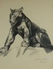 Jeune panthère assise by Paul Jouve, Lithographie originale, sur papier japon impérial justifiée et signée épreuve d'artiste, e, sold Feb 2019