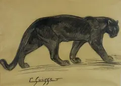 Panthère noire marchant by Gaston Suisse, vers 1920, Crayon et fusain sur papier bistre signé en bas au centre, sold Feb 2019