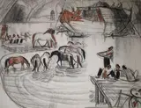 Pont sur le Mékong avec des chevaux by André Maire, Fusain et sanguine, sold Feb 2019