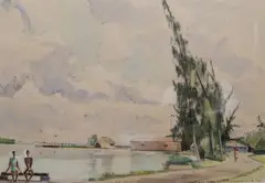 Bora Bora, le Wharf et la vedette marine by Pierre Bompard, 1957, Aquarelle datée, sold Feb 2019
