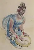 Femme agenouillée à l'ouvrage by Monique Cras, Aquarelle gouachée signée en bas à droite, sold Feb 2019