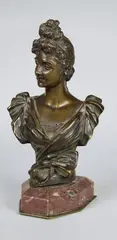 Buste de femme au chignon by Georges Van der Straeten, Epreuve en bronze à patine brun nuancé, fonte d'édition ancienne signée au dos, sold Dec 2018