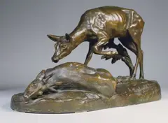 Chevreuils mâle et femelle by Albert-Pierre Laplanche, Epreuve en bronze à patine brun nuancé, sold Dec 2018