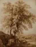 Deux cavaliers à l’abreuvoir sous un bosquet, paysage d’Italie en bord de mer by Jacob Philipp Hackert, 1795, Lavis brun sur traits de crayon noir, sold Oct 2018