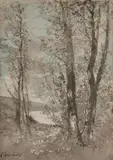 Sous-bois en bord de rivière by Henri Harpignies, Aquarelle, sold Oct 2018