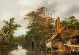 Village en bordure de rivière by Salomon Rombouts, Panneau de chêne, trois planches, non parqueté, sold Oct 2018