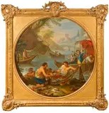 La pêche by Charles-Joseph Natoire, Toile anciennement circulaire (avec des oreilles), mise au cercle puis mise au rectangle, sold Oct 2018