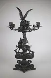 Candélabre décoré de groupes d'animaux by Antoine-Louis Barye, Epreuve en bronze à patine brun foncé nuancé, sold Jun 2018