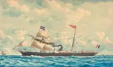 Amélie, 1882 Portrait du vapeur mixte Amélie par bâbord sur mer formée by Louis Roux, Aquarelle gouachée signée et datée en bas à droite, sold Dec 2025