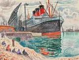 LE NORMANDIE À QUAI AU HAVRE by Henri Saint-Delis, Aquarelle signée en bas à droite, sold Nov 2012