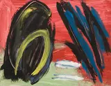 COMPOSITION, FOND ROUGE by Gérard Ernest Schneider, Gouache sur papier signée en bas à gauche, sold Nov 2012