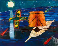 Fire Ship With a Moon Fish by Peter Aspell, 1990, oil on board, sold Mar 2024