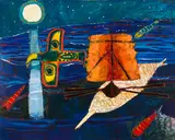 Fire Ship With a Moon Fish by Peter Aspell, 1990, oil on board, sold Mar 2024
