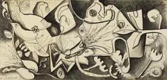 Garden of Eden by Jack Shadbolt, 1973, conte on paper triptych, sold Mar 2024
