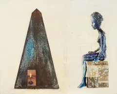 Figure with Obelisk and Candle by Andre Petterson, mixed media on board, sold Mar 2024