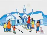 Pure White Snow by Ted Harrison, 1987, acrylic on canvas, sold Mar 2024