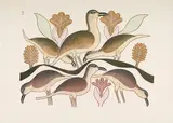 Birds Feeding Among Spring Flowers by Kenojuak Ashevak, stonecut and stencil on paper, sold Feb 2024