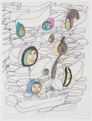 Heads on the Beach by Shuvinai Ashoona, ink, graphite and pencil crayon on paper, sold Feb 2024