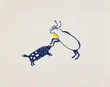 Dog and Caribou Fighting by Luke Iksiktaaryuk, stonecut and stencil on paper, sold Feb 2024