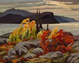 Great Bear Lake with Fall Colours by Maurice Hall Haycock, 1951, oil on canvas, sold Feb 2024