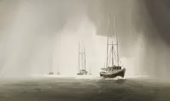 Fishing Boats by Harold Lloyd Lyon, 1969, oil on board, sold Feb 2024