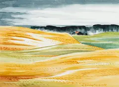 On the Road to New Dundee, Waterloo County by Carl Schaefer, watercolour on paper, sold Feb 2024