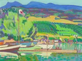 Pleasure Boats, Kalamalka Lake, Vernon, B.C. by Illingworth Kerr, 1971, oil on board, sold Jan 2024