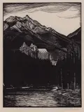 Banff Springs Hotel by Walter J. Phillips, woodblock print on paper, sold Jan 2024