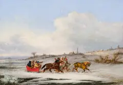 The Sleigh Race by Cornelius Krieghoff, 1856, oil on canvas, sold Nov 2023