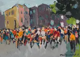 Street Scene with Cyclists by Molly Joan Lamb Bobak, oil on canvas, sold Nov 2023